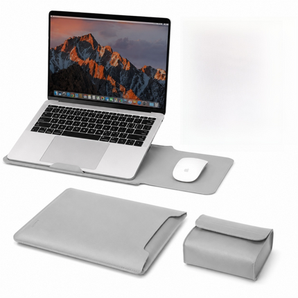 4 in 1 Grey Soft PU Leather Laptop Sleeve with Stand, Mouse Pad and Power Pouch - Lightweight Portable Case for 11 Inch Laptops