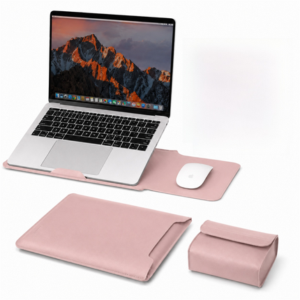 4 in 1 Pink Soft PU Leather Laptop Sleeve with Stand, Mouse Pad and Power Pouch - Lightweight Portable Case for 11 Inch Laptops