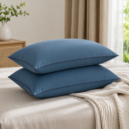2 Pack Navy Blue High Bed Pillows with Washable Zip Cover Set (48 x 74 cm) - Soft Brushed  Fabric, Plush Fibre Fill, Fast Rebound Support & Structured Piped Edges for Home Hotels Apartments