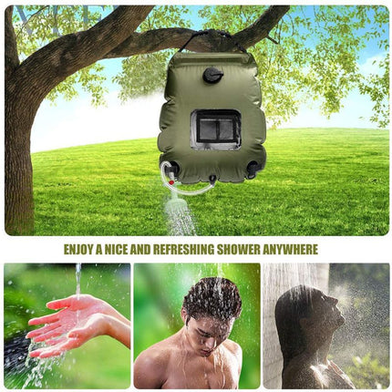 20L / 5 Gallon Solar Heated Camping Shower Bag (Dark Green / Mesh Storage Pocket) - Foldable Outdoor Hanging Shower with Thermometer, Rotating Shower Head and Hose Clip for Hiking and Travel
