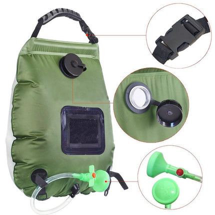 20L / 5 Gallon Solar Heated Camping Shower Bag (Black / Mesh Storage Pocket) - Foldable Outdoor Hanging Shower with Thermometer, Rotating Shower Head and Hose Clip for Hiking and Travel