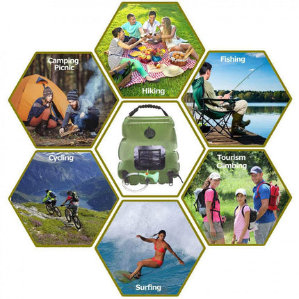 20L / 5 Gallon Solar Heated Camping Shower Bag (Black / Mesh Storage Pocket) - Foldable Outdoor Hanging Shower with Thermometer, Rotating Shower Head and Hose Clip for Hiking and Travel
