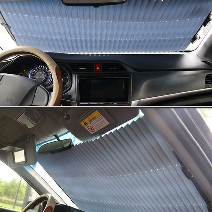 Retractable Car Windscreen Sun Shade with Suction Cup  - Auto Roll Up Heat Reflective Aluminium Film Curtain, Cut to Fit for Universal Vehicles 65 x 130 / 150 cm