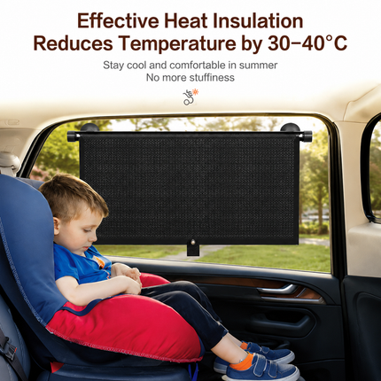 1 Pair Retractable Car Side Window Sun Shade (40 x 45CM) - 6 Layer Vinyl Insulation Reflective Roller Blinds, One Click Auto Rewind, One-Way Privacy, Universal Suction Cup & Velcro Fit