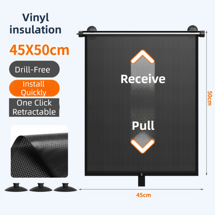 1 Pair Retractable Car Side Window Sun Shade (45 x 50CM) - 6 Layer Vinyl Insulation Reflective Roller Blinds, One Click Auto Rewind, One-Way Privacy, Universal Suction Cup & Velcro Fit