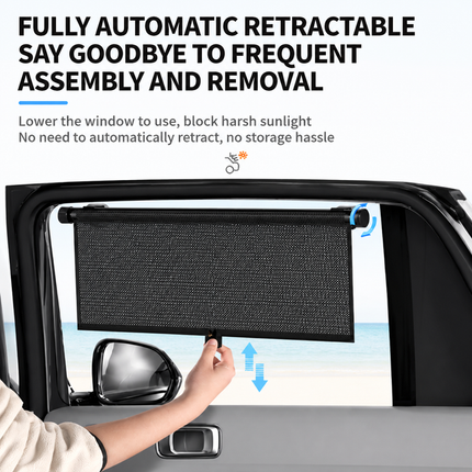 1 Pair Retractable Car Side Window Sun Shade (50 x 50CM) - 6 Layer Vinyl Insulation Reflective Roller Blinds, One Click Auto Rewind, One-Way Privacy, Universal Suction Cup & Velcro Fit