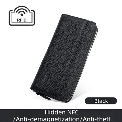 Black Genuine Leather Women's Long Wallet with RFID Blocking & Hidden NFC  - Large Capacity Phone Purse with 180° Zipper Closure, 18 Card Slots, Coin/Cash Pockets and for Daily Travel Use