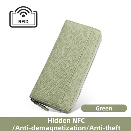 Green Genuine Leather Women's Long Wallet with RFID Blocking & Hidden NFC  - Large Capacity Phone Purse with 180° Zipper Closure, 18 Card Slots, Coin/Cash Pockets and for Daily Travel Use