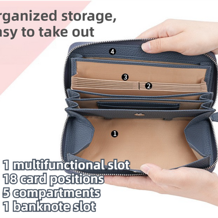 Green Genuine Leather Women's Long Wallet with RFID Blocking & Hidden NFC  - Large Capacity Phone Purse with 180° Zipper Closure, 18 Card Slots, Coin/Cash Pockets and for Daily Travel Use