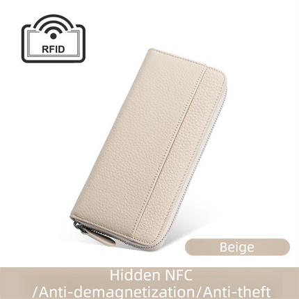 Beige Genuine Leather Women's Long Wallet with RFID Blocking & Hidden NFC  - Large Capacity Phone Purse with 180° Zipper Closure, 18 Card Slots, Coin/Cash Pockets and for Daily Travel Use