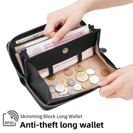Beige Genuine Leather Women's Long Wallet with RFID Blocking & Hidden NFC  - Large Capacity Phone Purse with 180° Zipper Closure, 18 Card Slots, Coin/Cash Pockets and for Daily Travel Use