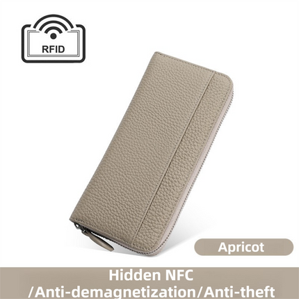 Apricot Genuine Leather Women's Long Wallet with RFID Blocking & Hidden NFC  - Large Capacity Phone Purse with 180° Zipper Closure, 18 Card Slots, Coin/Cash Pockets and for Daily Travel Use