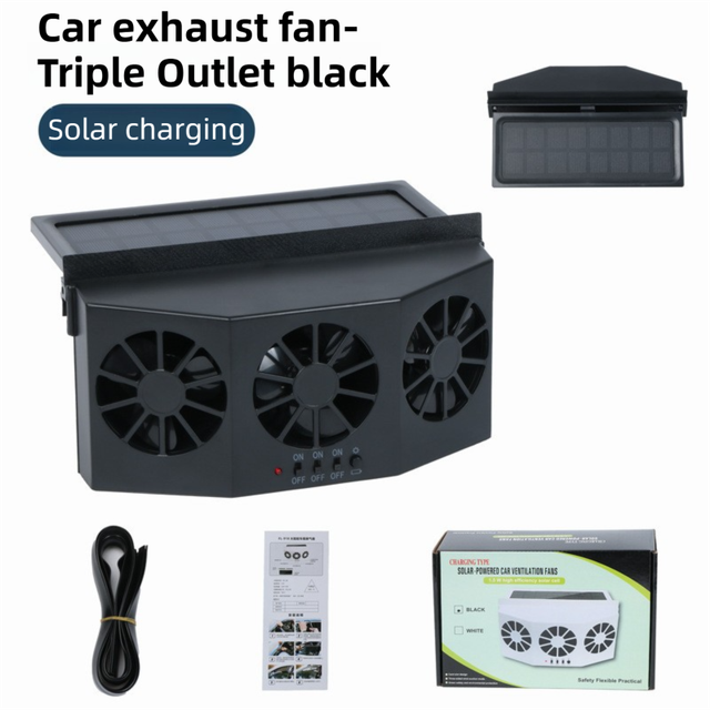 Black Solar Rechargable Triple Outlet Car Window Ventilation and Exhaust V888-ELOSUNG55098-1