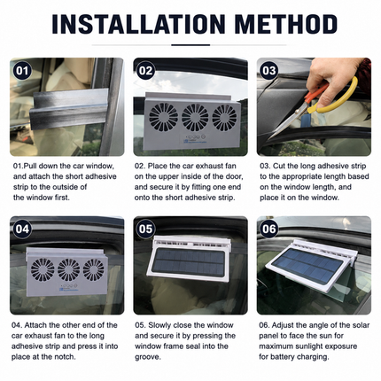 Black Solar Rechargable Triple Outlet Car Window Ventilation and Exhaust Fan - 4500 RPM Air Circulation and Foldable Space Saving, Remove Heat Odors Smoke and Stale Air for Most Vehicles without Anti-Pinch Feature