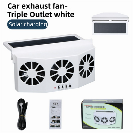 White Solar Rechargable Triple Outlet Car Window Ventilation and Exhaust Fan - 4500 RPM Air Circulation and Foldable Space Saving, Remove Heat Odors Smoke and Stale Air for Most Vehicles without Anti-Pinch Feature