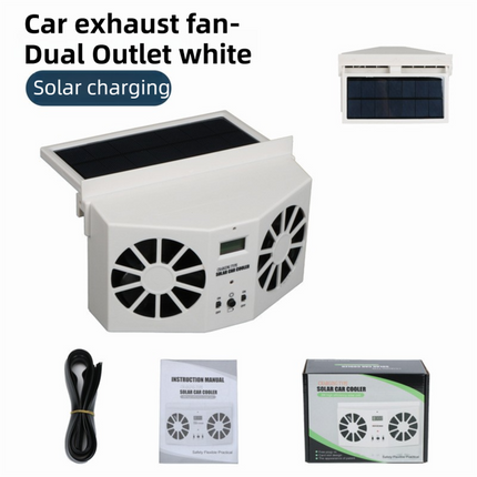 White Solar Rechargable Dual Outlet Car Window Ventilation and Exhaust Fan - 4500 RPM Air Circulation and Foldable Space Saving, Remove Heat Odors Smoke and Stale Air for Most Vehicles without Anti-Pinch Feature