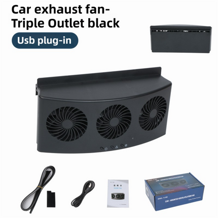 Black USB Plug in Triple Outlet Car Window Ventilation and Exhaust Fan - 4500 RPM Air Circulation and Foldable Space Saving, Remove Heat Odors Smoke and Stale Air for Most Vehicles without Anti-Pinch Feature