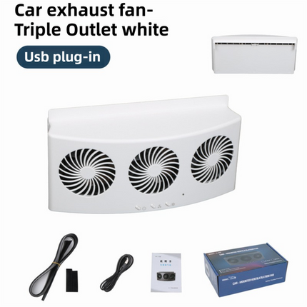 White USB Plug in Triple Outlet Car Window Ventilation and Exhaust Fan - 4500 RPM Air Circulation and Foldable Space Saving, Remove Heat Odors Smoke and Stale Air for Most Vehicles without Anti-Pinch Feature