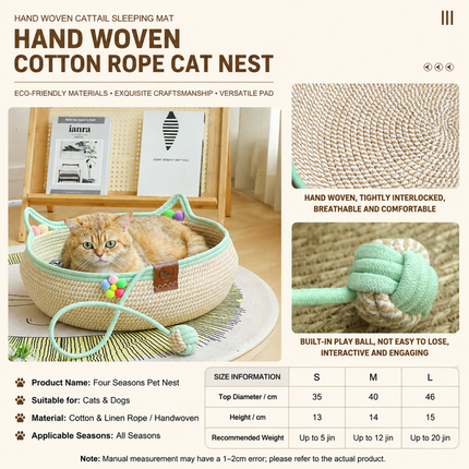 S Size Handwoven Natural Rattan Cat Bed and Scratcher - Washable Low-Mess Round Nest with Blue Removable Cushion, Pillow, Cooling Mat and Toy Ball for All-Season Indoor Rest