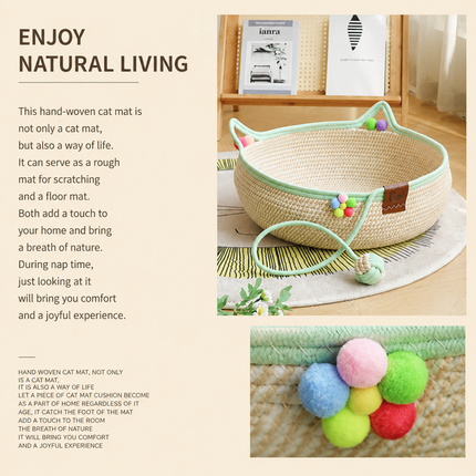 S Size Handwoven Natural Rattan Cat Bed and Scratcher - Washable Low-Mess Round Nest with Blue Removable Cushion, Pillow, Cooling Mat and Toy Ball for All-Season Indoor Rest