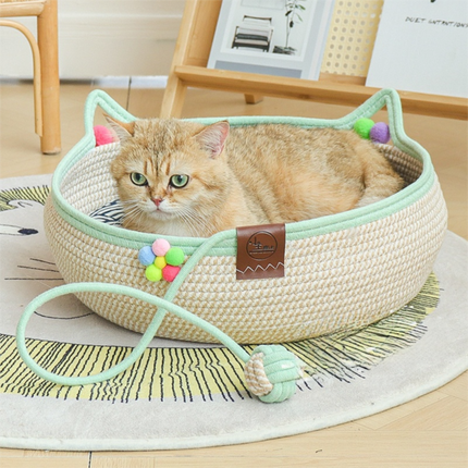 S Size Handwoven Natural Rattan Cat Bed and Scratcher - Washable Low-Mess Round Nest with Blue Removable Cushion, Pillow, Cooling Mat and Toy Ball for All-Season Indoor Rest