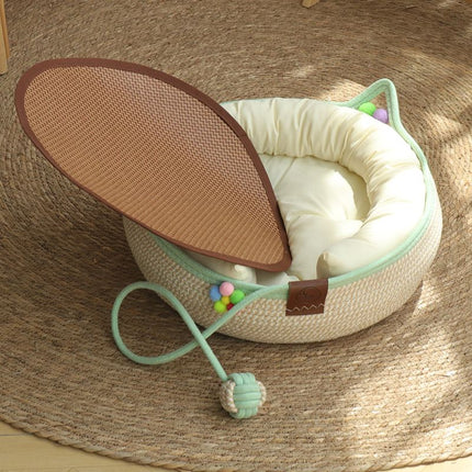 S Size Handwoven Natural Rattan Cat Bed and Scratcher - Washable Low-Mess Round Nest with White Removable Cushion, Pillow, Cooling Mat and Toy Ball for All-Season Indoor Rest