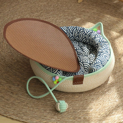L Size Handwoven Natural Rattan Cat Bed and Scratcher - Washable Low-Mess Round Nest with Blue Removable Cushion, Pillow, Cooling Mat and Toy Ball for All-Season Indoor Rest