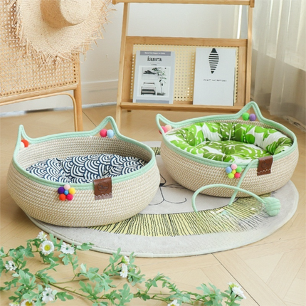 L Size Handwoven Natural Rattan Cat Bed and Scratcher - Washable Low-Mess Round Nest with Blue Removable Cushion, Pillow, Cooling Mat and Toy Ball for All-Season Indoor Rest