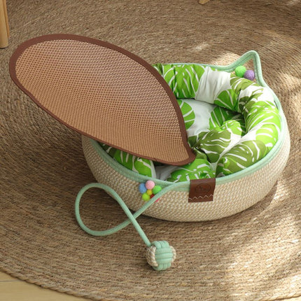 L Size Handwoven Natural Rattan Cat Bed and Scratcher - Washable Low-Mess Round Nest with Green Removable Cushion, Pillow, Cooling Mat and Toy Ball for All-Season Indoor Rest