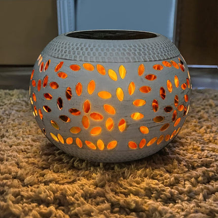 White Durable Iron Solar Powered Garden Light with Cut-Out Flower Deco - LED Oval Shaped Lantern, IP44 Weather Resistant, Decorative Lighting for Indoor Patio Balcony and Courtyard