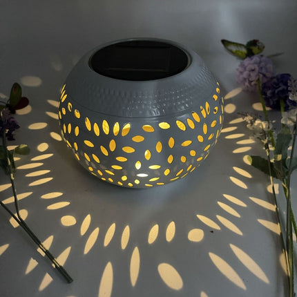 White Durable Iron Solar Powered Garden Light with Cut-Out Flower Deco - LED Oval Shaped Lantern, IP44 Weather Resistant, Decorative Lighting for Indoor Patio Balcony and Courtyard