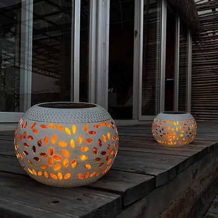 White Durable Iron Solar Powered Garden Light with Cut-Out Flower Deco - LED Oval Shaped Lantern, IP44 Weather Resistant, Decorative Lighting for Indoor Patio Balcony and Courtyard