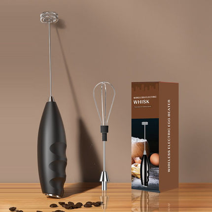 #07 Black Handheld Electric Milk Frother - Battery Powered Dual Whisk with One Touch Control, Detachable Easy Clean Stainless Steel Heads for Coffee Milk Foam and Baking