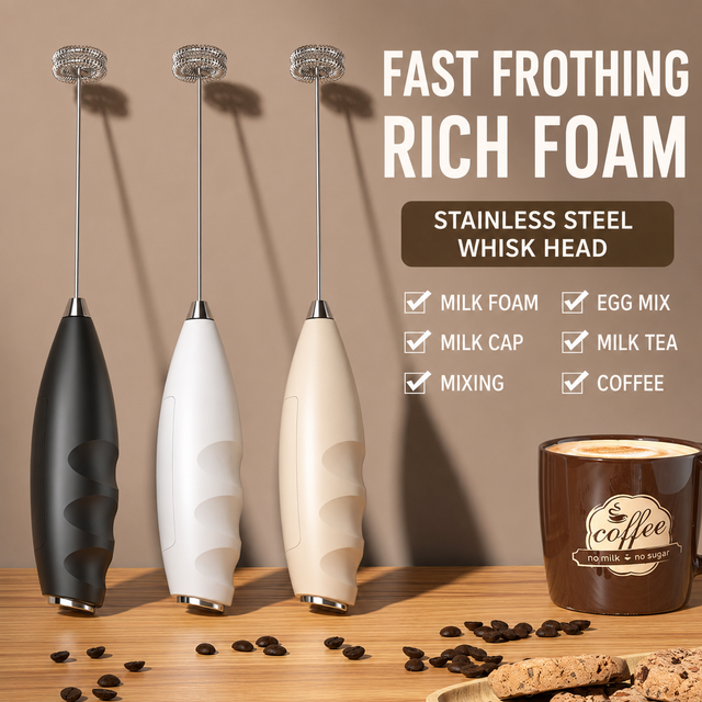 #07 Black Handheld Electric Milk Frother - Battery Powered Dual Whisk with One Touch Control, Detachable Easy Clean Stainless Steel Heads for Coffee Milk Foam and Baking