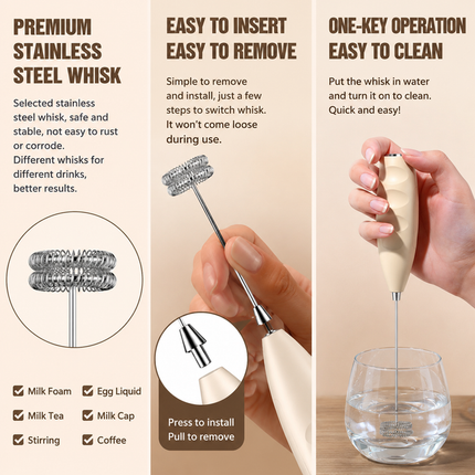 #07 Khaki Handheld Electric Milk Frother - Battery Powered Dual Whisk with One Touch Control, Detachable Easy Clean Stainless Steel Heads for Coffee Milk Foam and Baking