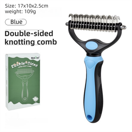 Blue Dual Sided Pet Knot Cutter for Dogs & Cats - 17 / 9 Tooth Undercoat Grooming Rake with Non-Slip TPR Handle, Perfect Long Fur Remove Tangles Mats Knots