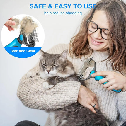 Green Dual Sided Pet Knot Cutter for Dogs & Cats - 17 / 9 Tooth Undercoat Grooming Rake with Non-Slip TPR Handle, Perfect Long Fur Remove Tangles Mats Knots