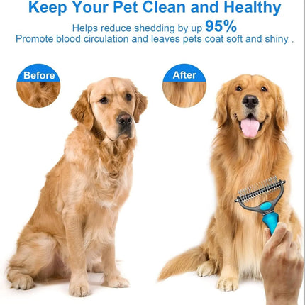 2-in-1 Blue Pet Knot Cutter Built in Shedding Comb for Dogs & Cats - Undercoat Grooming Rake with Non-Slip TPR Handle, Perfect Long Fur Remove Tangles Mats Knots