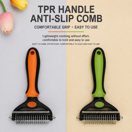 2-in-1 Green Pet Knot Cutter Built in Shedding Comb for Dogs & Cats - Undercoat Grooming Rake with Non-Slip TPR Handle, Perfect Long Fur Remove Tangles Mats Knots
