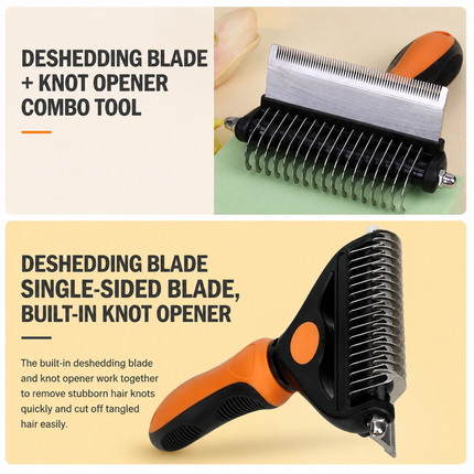2-in-1 Orange Pet Knot Cutter Built in Shedding Comb for Dogs & Cats - Undercoat Grooming Rake with Non-Slip TPR Handle, Perfect Long Fur Remove Tangles Mats Knots