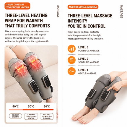 Light Grey Airbag Leg Massager with 3 Intensities and 3 Graphene Heat Modes  - Rechargeable Calf and Knee Extended Wrap, Touch Display, 3 Adjustable Strap for Single Leg Wrap-around Fastening
