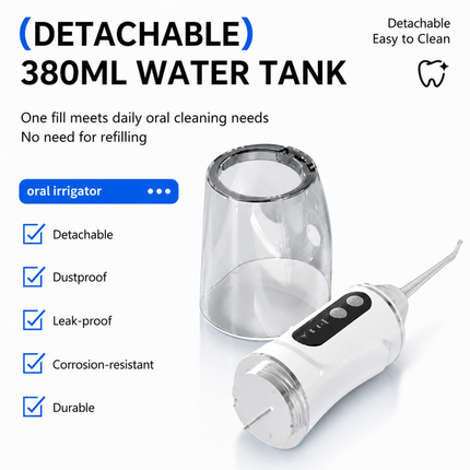 Blue Rechargeable Water Flosser Oral Irrigator with 3 Pressure Modes & 4 Nozzles - 380ml Detachable Tank, Type-C Charging, 0.6MM Fine Water Flow and 1600 Pulses Per Minute