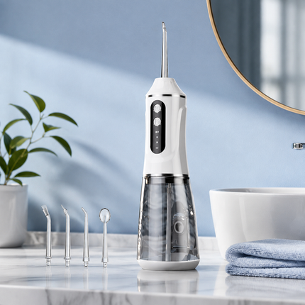 Blue Rechargeable Water Flosser Oral Irrigator with 3 Pressure Modes & 4 Nozzles - 380ml Detachable Tank, Type-C Charging, 0.6MM Fine Water Flow and 1600 Pulses Per Minute