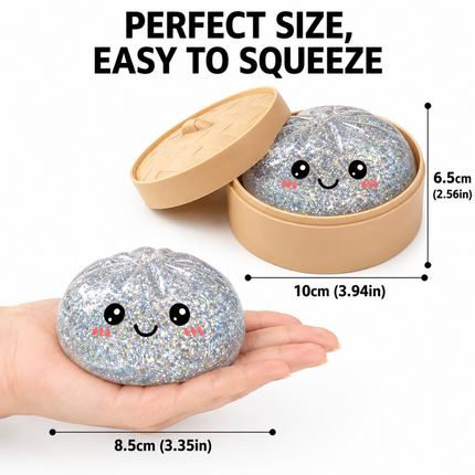 Realistic Steamed Bun Squishy Stress Relief Toy with Steamer Basket - Blue Glitter TPR Slow Rebound Squeeze Fidget for Adults