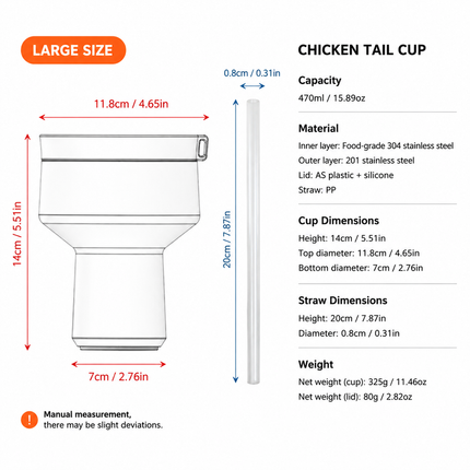 Grey 470ML Stainless Steel Martini Tumbler Cup with 360°Salt & Sip Lid, Internal Markers and Straw - Double Wall Vacuum Insulated Drink Cup for Coffee Cocktails Cold Drinks and Outdoor Use
