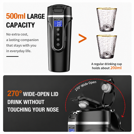 500ML Black Large Stainless Steel Car Electric Heated Travel Mug - 12V & 24V Vehicle Smart Insluted Cup with 100℃ Control, 270° Flip Lid, LCD Touch Display and Leak Resistant Design
