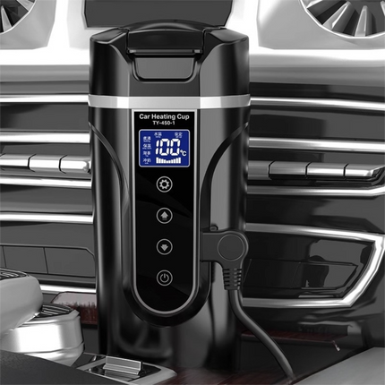 500ML White Large Stainless Steel Car Electric Heated Travel Mug - 12V & 24V Vehicle Smart Insluted Cup with 100℃ Control, 270° Flip Lid, LCD Touch Display and Leak Resistant Design