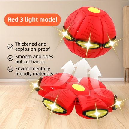 Red LED Transforming Flying Disc Ball Toy with Music & 3 Light - Soft EVA Bounce Ball and Frisbee Shape Switchable Outdoor Interactive Soccer Toy for Exercise and Fun