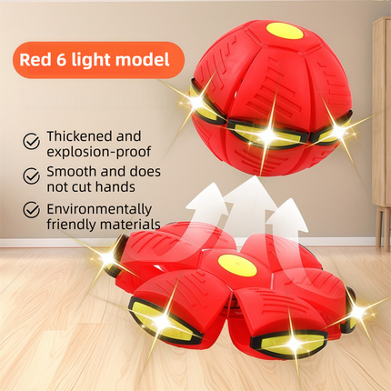 Red LED Transforming Flying Disc Ball Toy with Music & 6 Light - Soft EVA Bounce Ball and Frisbee Shape Switchable Outdoor Interactive Soccer Toy for Exercise and Fun