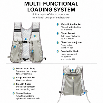 Black Lightweight Running Hydration Vest Backpack - Breathable Mesh Reflective Sports Pack with 4 Straps, Water Bottle / Phone Holder and Back Zipper Pocket for Marathon Hiking Cycling Trail Running